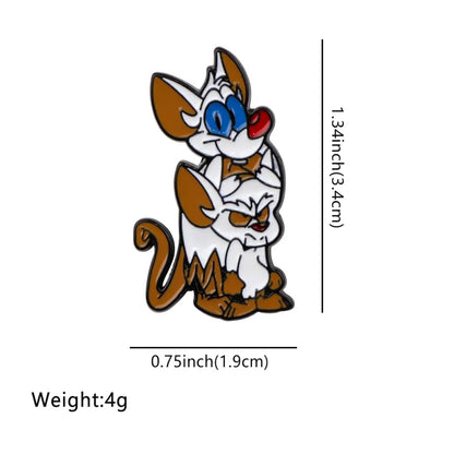 A cute mouse enamel pin featuring two cartoon cats with blue sunglasses and a red nose in a colorful design