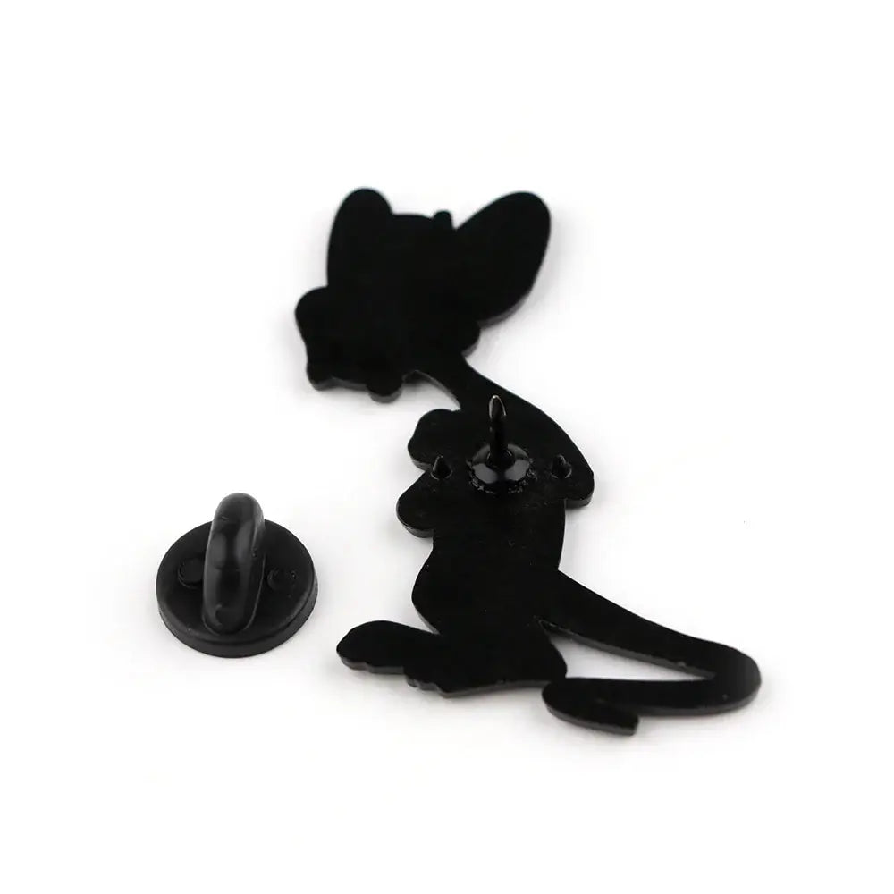 Black silhouette cartoon cat enamel pin with long ears and tail glossy finish cute mouse enamel pin design