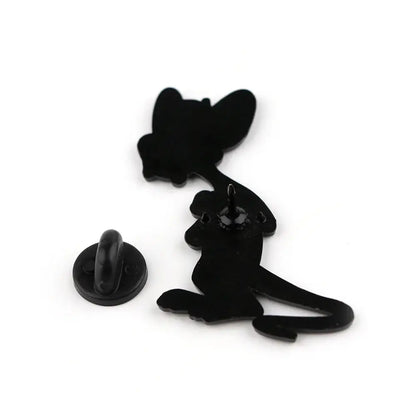 Black silhouette cartoon cat enamel pin with long ears and tail glossy finish cute mouse enamel pin design