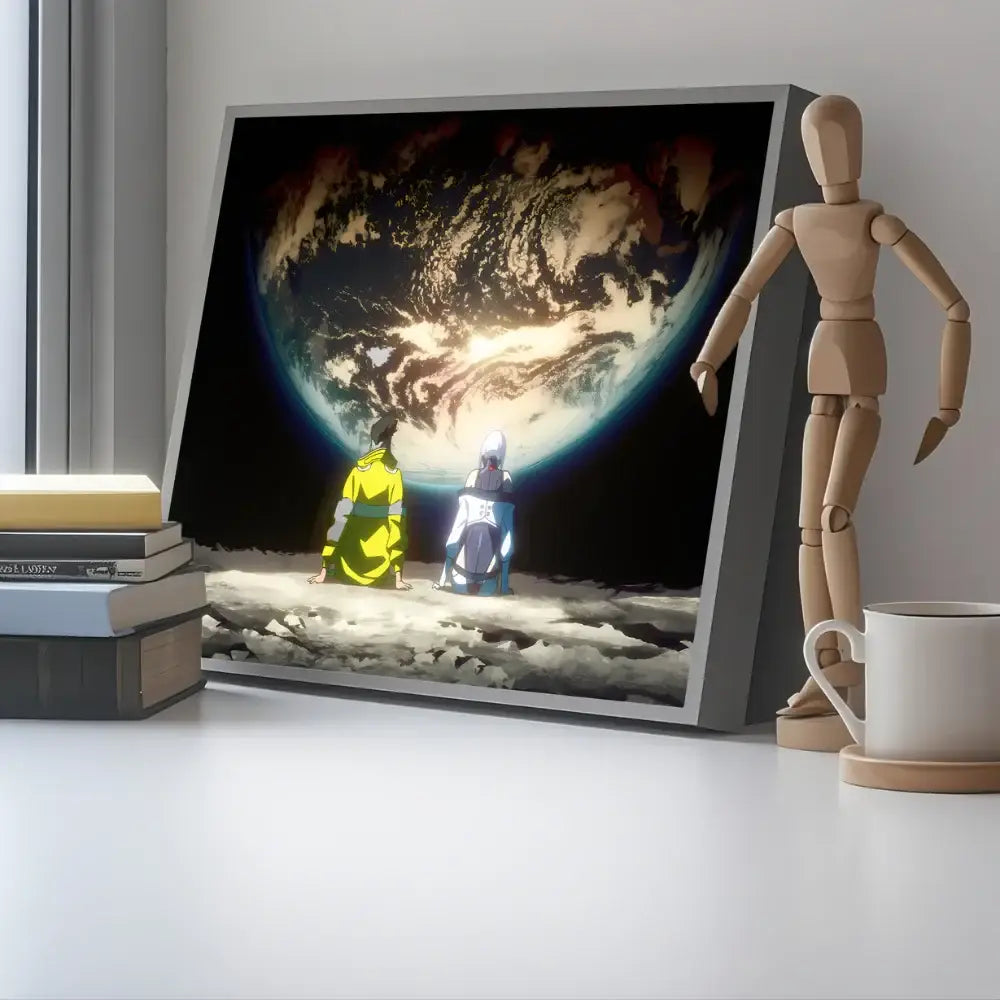 A framed cyberpunk edgerunners led light painting anime poster with neon holographic yellow and blue robes on lunar surface
