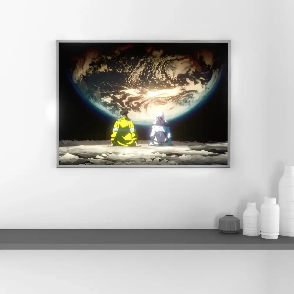 A framed cyberpunk edgerunners led light painting with neon holographic colors of two astronauts on the moon