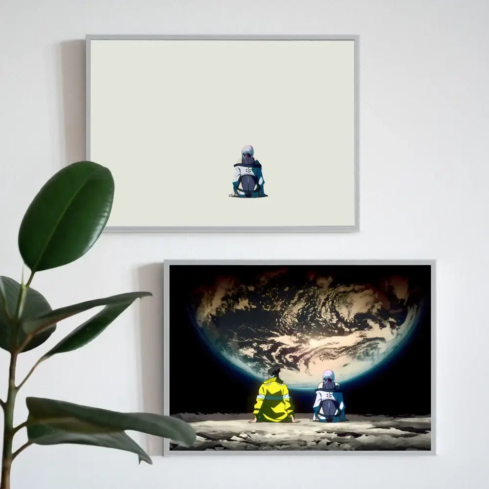 Minimalist framed anime art print of astronauts on moon with soft beige background in a cyberpunk edgerunners led light painting