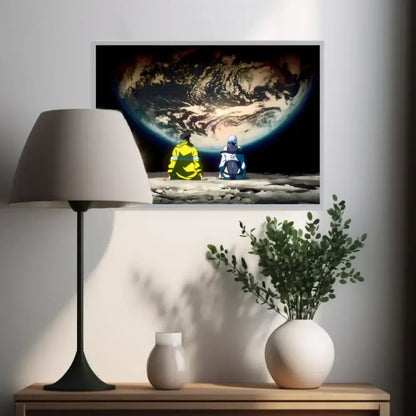 A framed cyberpunk edgerunners led light painting featuring two astronauts in reflective suits on the moon neon holographic