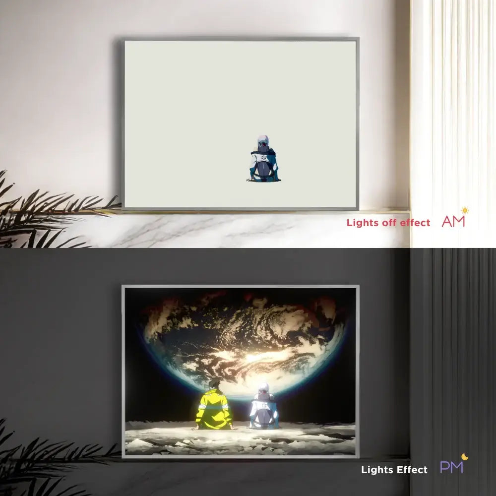 Minimalist framed led light painting featuring neon holographic cyberpunk edgerunners astronauts in blue white gear