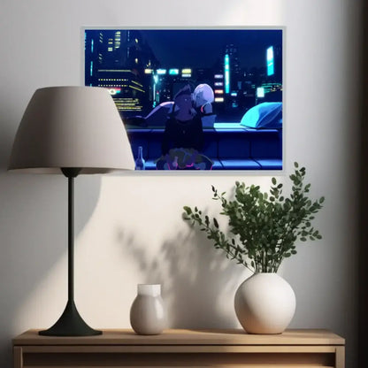 A framed cyberpunk edgerunners led wall art featuring a neon nighttime cityscape with two anime characters in the foreground