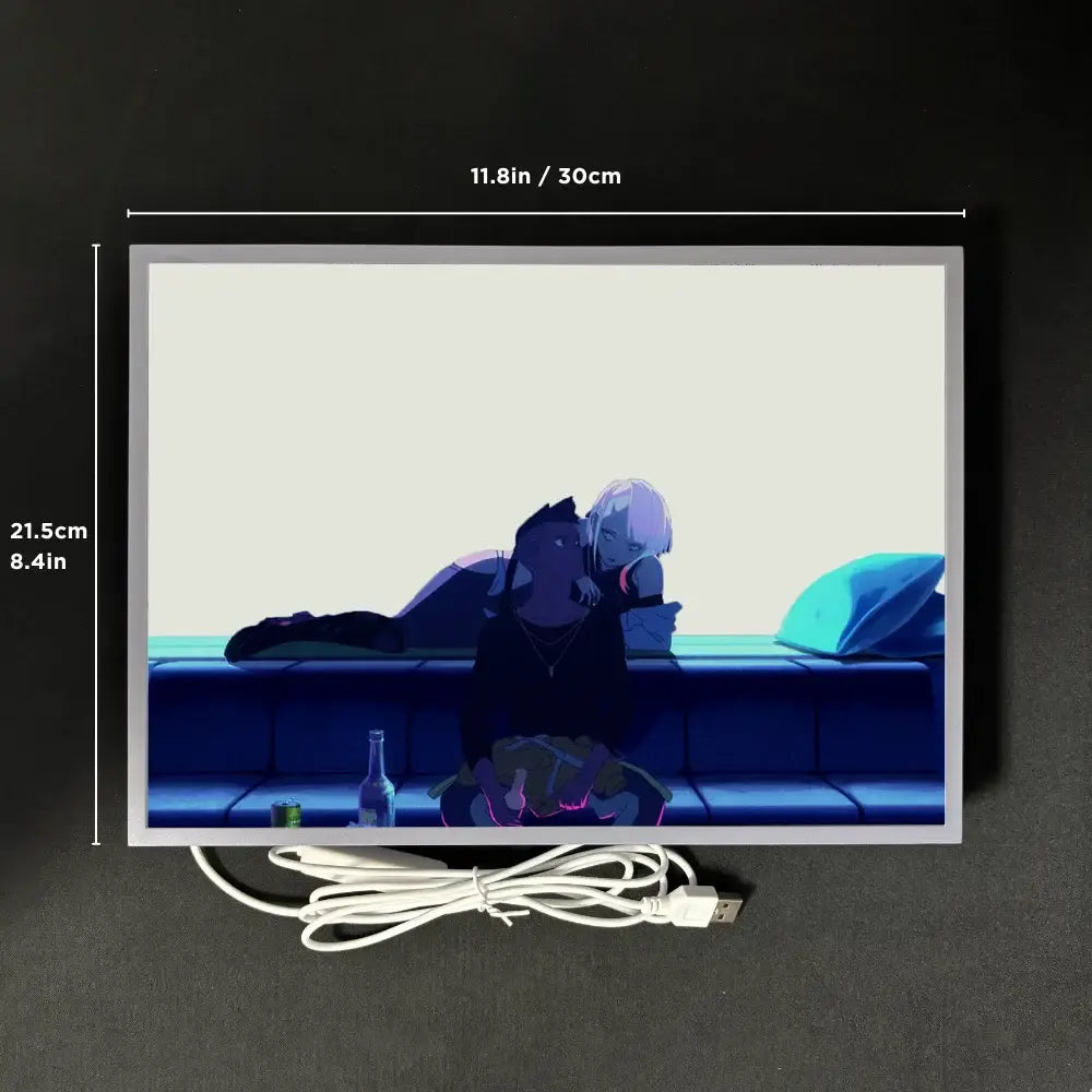 Rectangular led light box with white frame glowing anime cyberpunk edgerunners illustration 11.8 inches by 21.5 cm