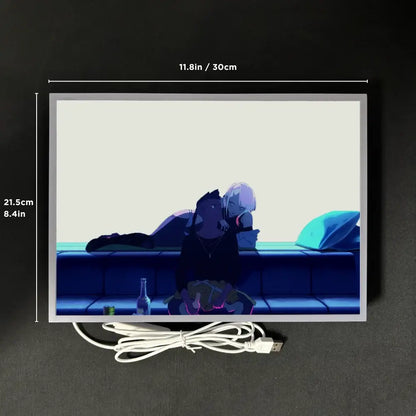 Rectangular led light box with white frame glowing anime cyberpunk edgerunners illustration 11.8 inches by 21.5 cm