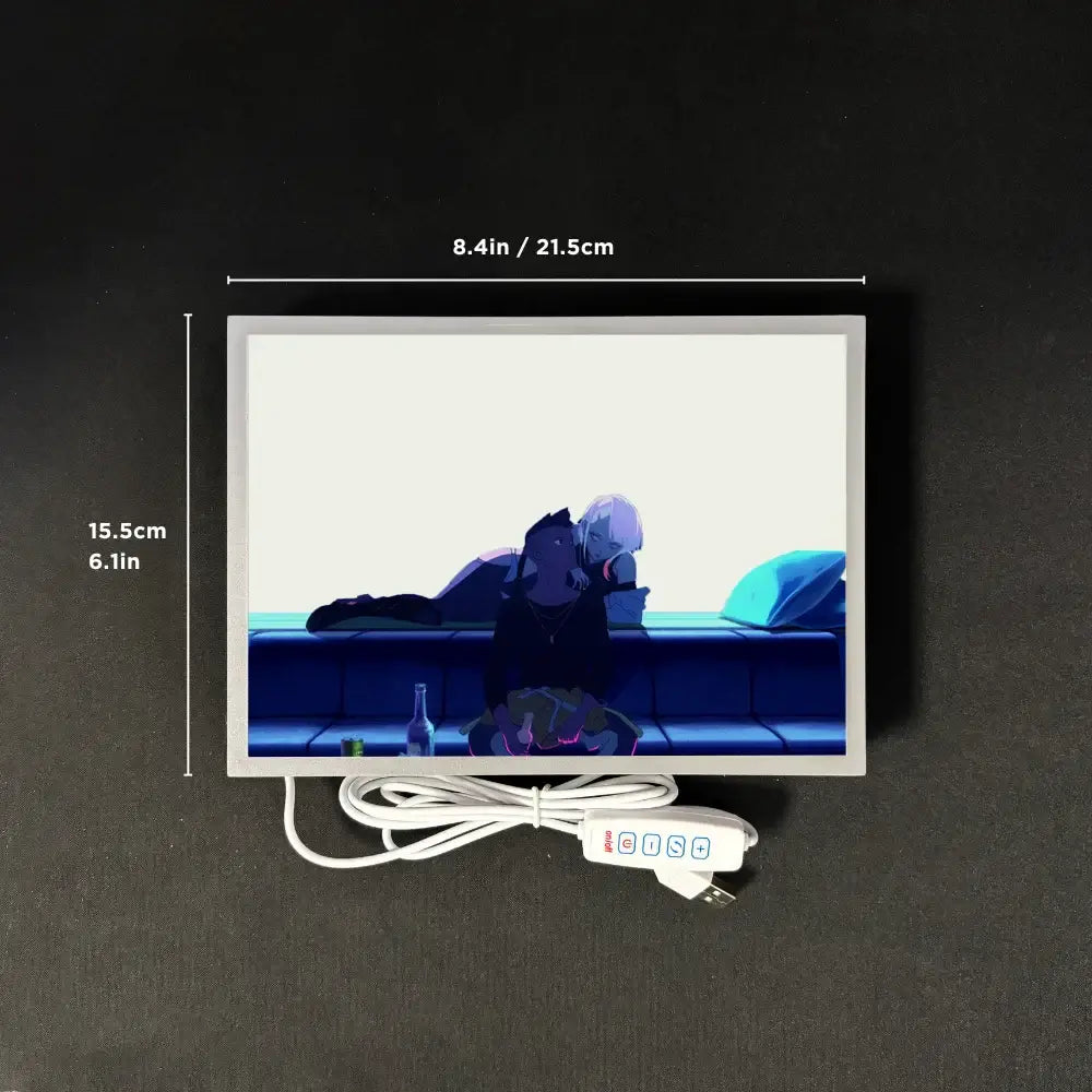 Rectangular led light panel wall art with white frame featuring blue-toned anime scene from cyberpunk edgerunners