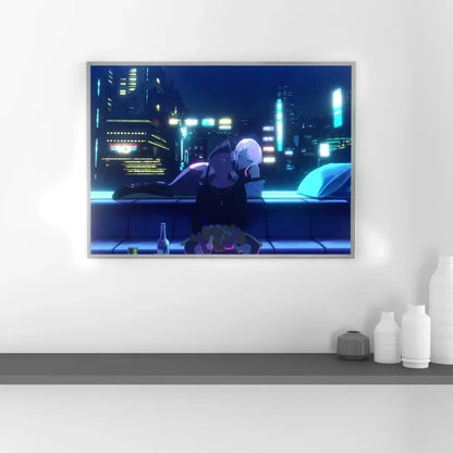 Framed anime-style cyberpunk edgerunners neon wall art with glowing led in sleek silver frame for vibrant decor