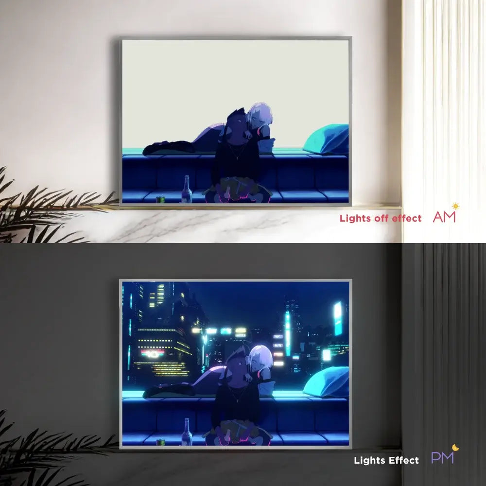 A sleek frameless tv with glowing led cyberpunk edgerunners neon wall art displaying anime scenes and ambient lighting effects