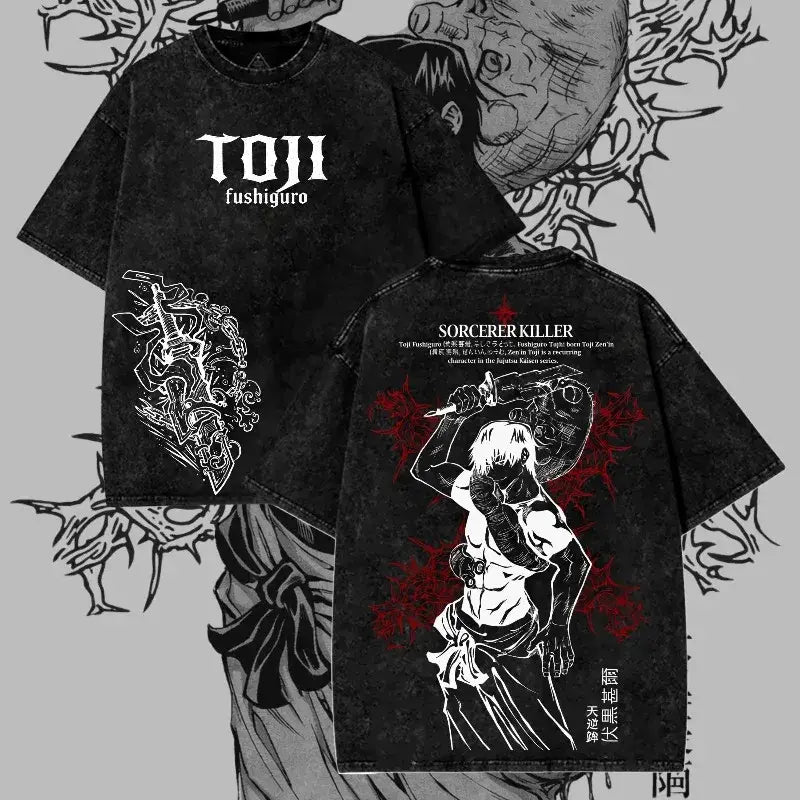 Black short-sleeved t-shirt with white and red toji fushiguro graphic and stylized text featuring dark manga pattern
