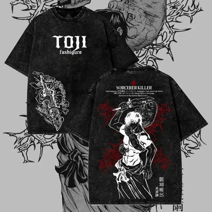 Black short-sleeved t-shirt with white and red toji fushiguro graphic and stylized text featuring dark manga pattern
