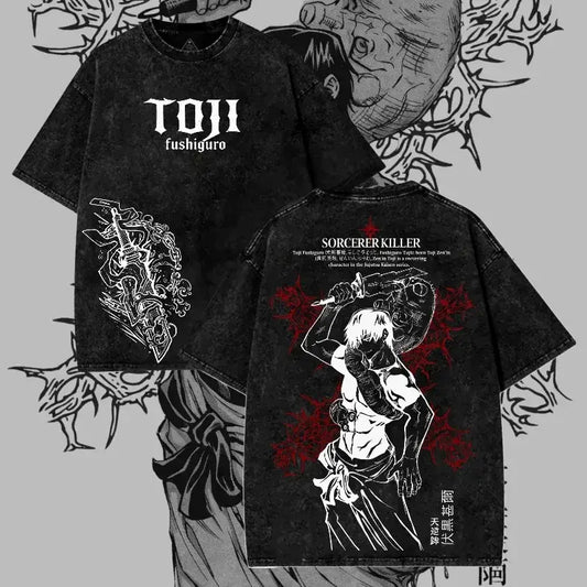 Black short-sleeved t-shirt with white and red toji fushiguro graphic and stylized text featuring dark manga pattern