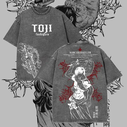 Dark gray oversized unisex t-shirt with white and red toji fushiguro graphic featuring dark manga pattern details