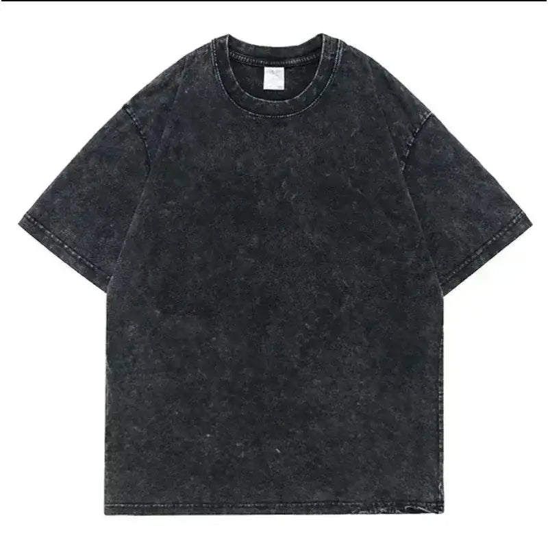 Black distressed cotton t-shirt with a relaxed fit featuring a subtle dark manga pattern and faded texture for street style