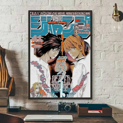 A framed death note l waterproof poster featuring two main characters in white shirts with bold black and orange hair