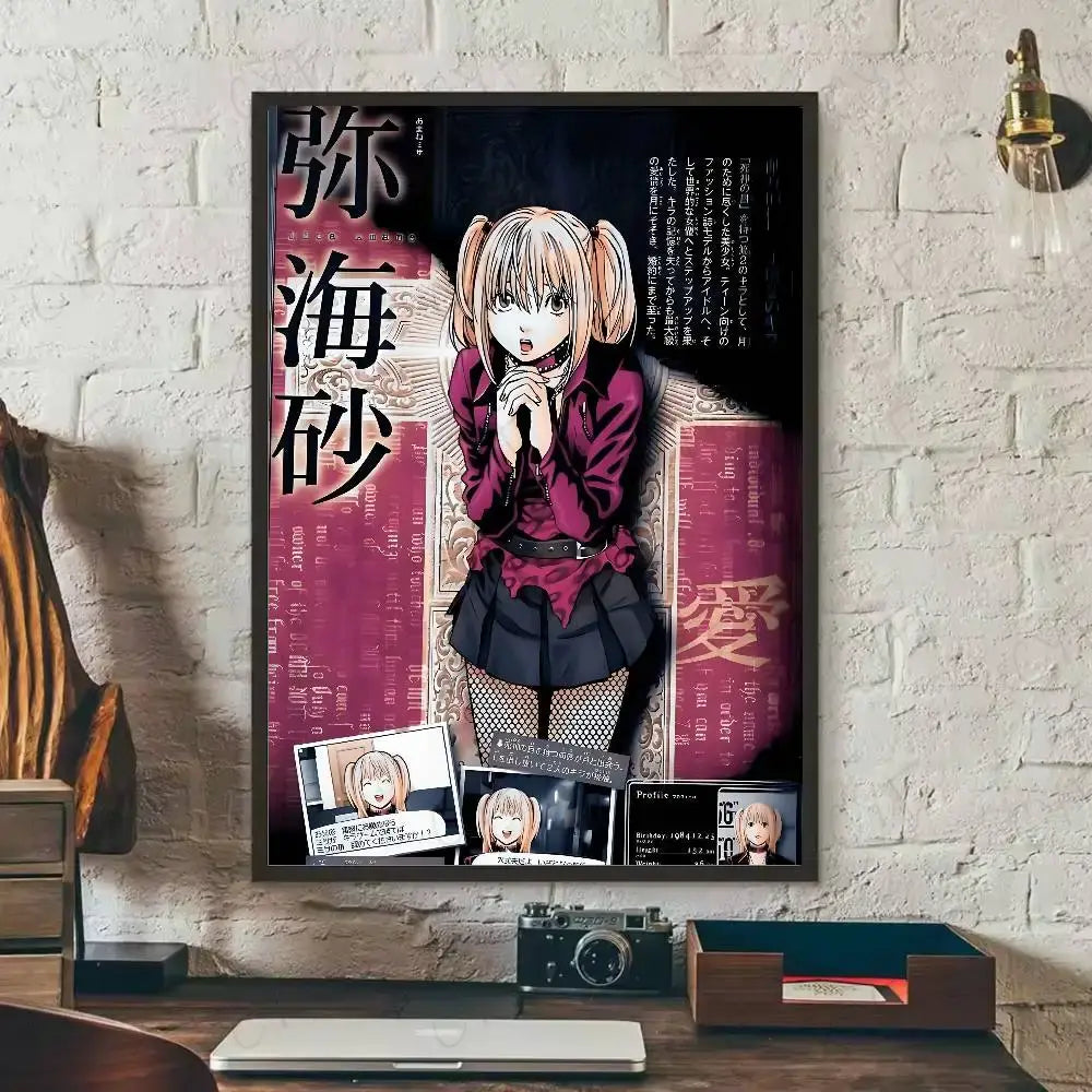 A death note l waterproof poster featuring a blonde anime character in maroon jacket and black skirt with japanese text