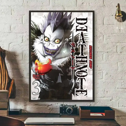 A framed death note l waterproof poster featuring ryuk with spiky white and purple hair holding an apple in hd wall art