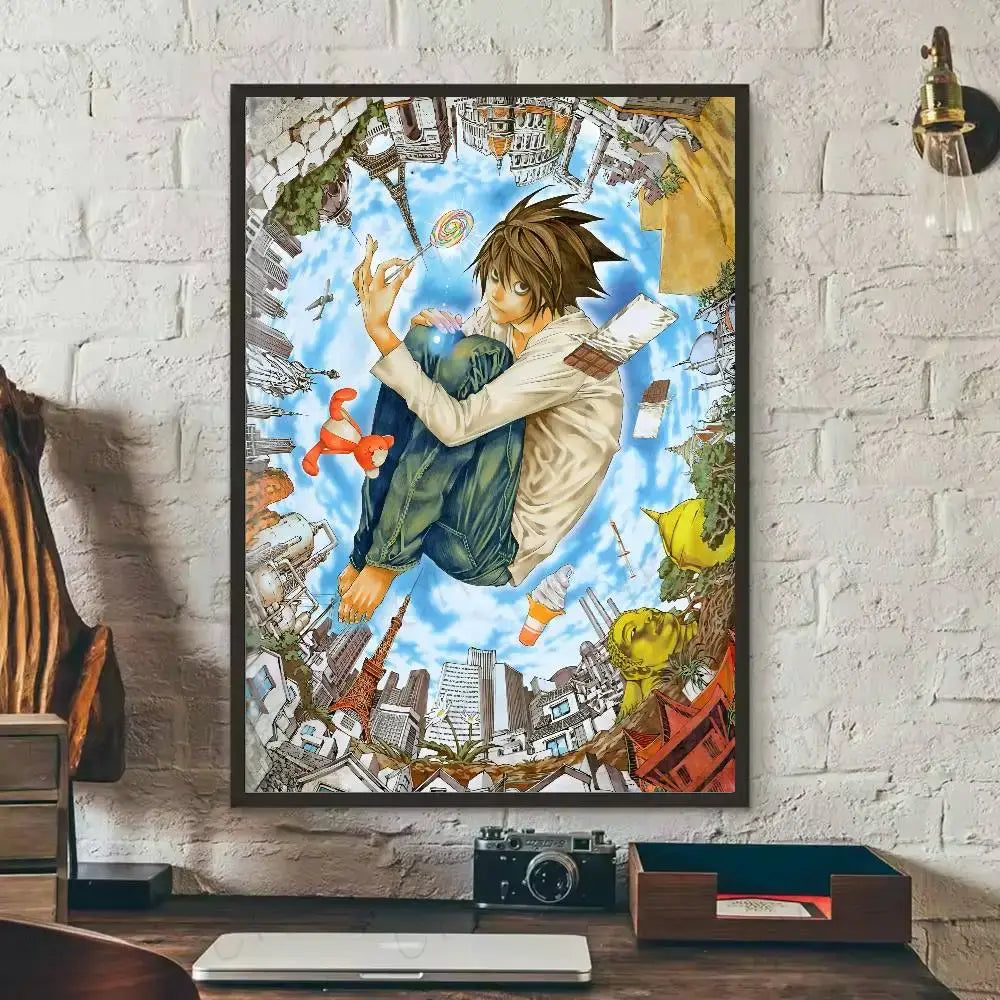 A death note l waterproof poster featuring a brown-haired anime character in mid-air over a surreal cityscape