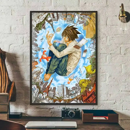 A death note l waterproof poster featuring a brown-haired anime character in mid-air over a surreal cityscape
