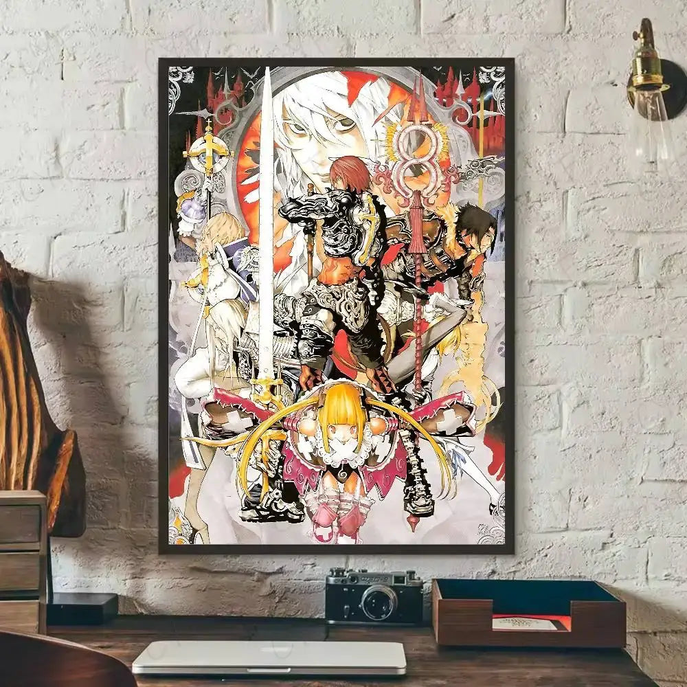 A death note l waterproof poster featuring anime characters in ornate armor with bold red white and gold accents