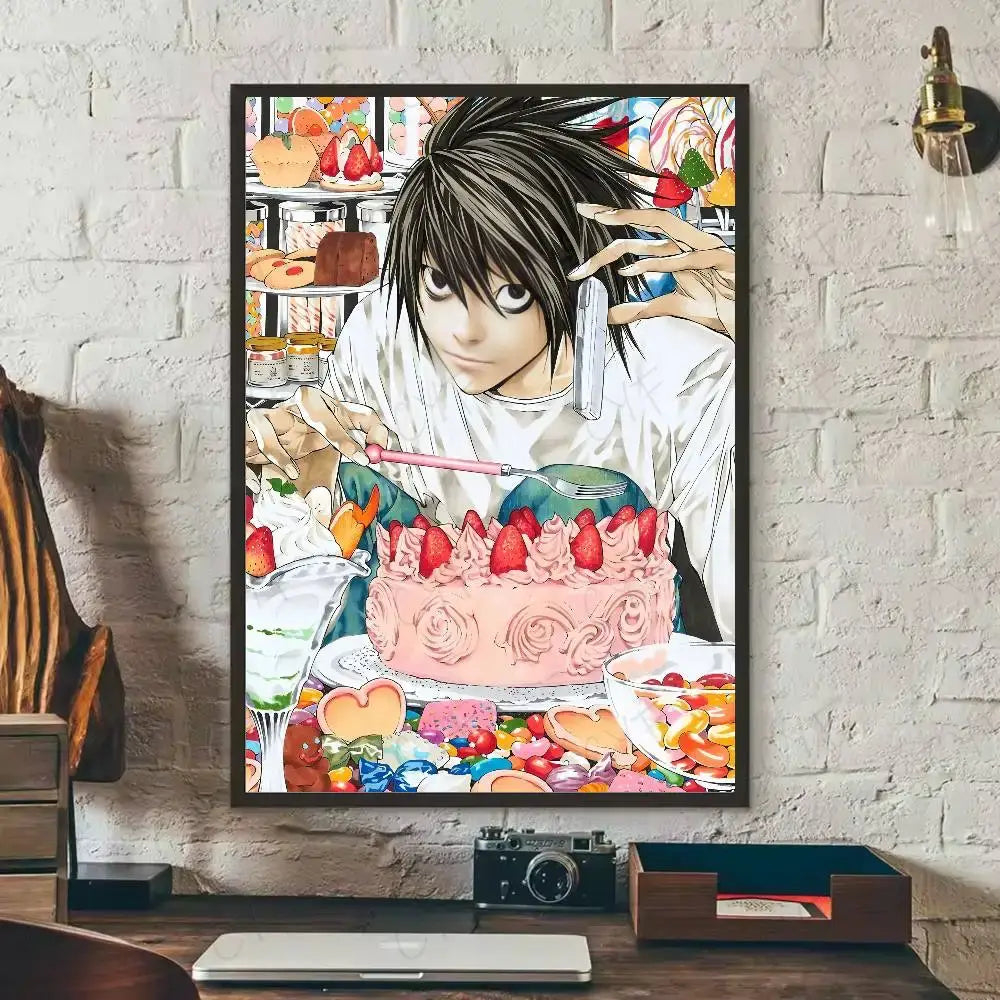 A death note l waterproof framed poster featuring a black-haired character with colorful desserts and a pink cake
