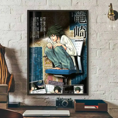 A death note l waterproof poster featuring an anime character with dark hair on a blue chair with japanese text background