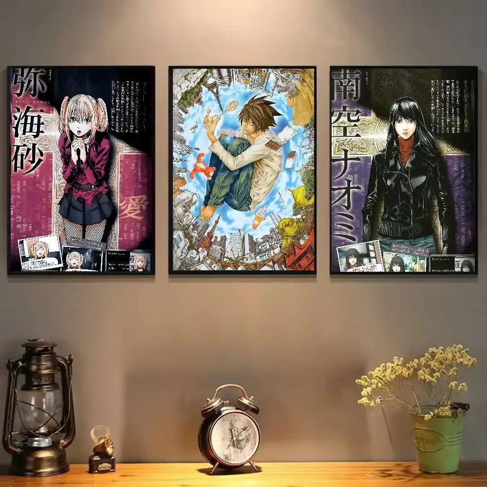 Three framed anime posters including tokyo ghoul characters in vibrant colors featured on a death note l waterproof poster wall art