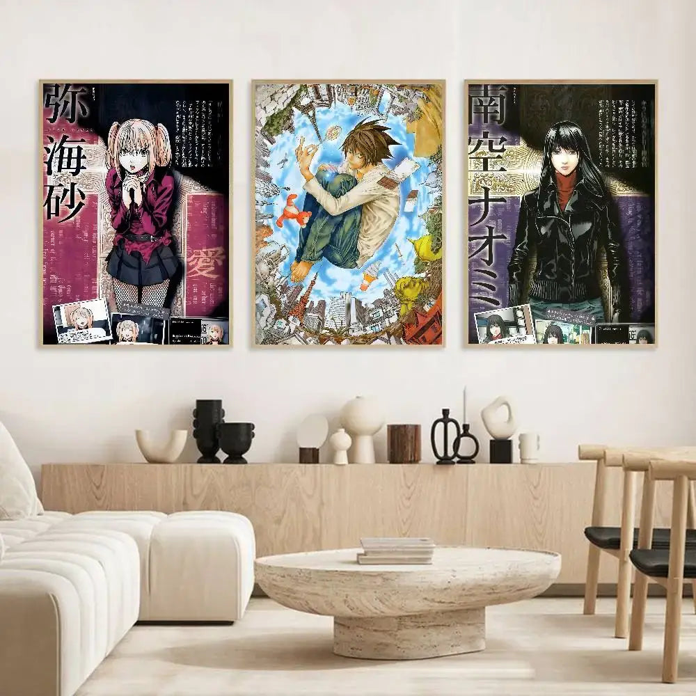 Three framed death note l waterproof posters with vibrant anime characters and detailed hd waterproof wall art