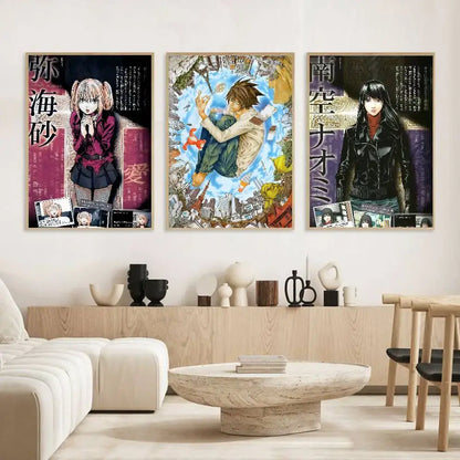 Three framed death note l waterproof posters with vibrant anime characters and detailed hd waterproof wall art
