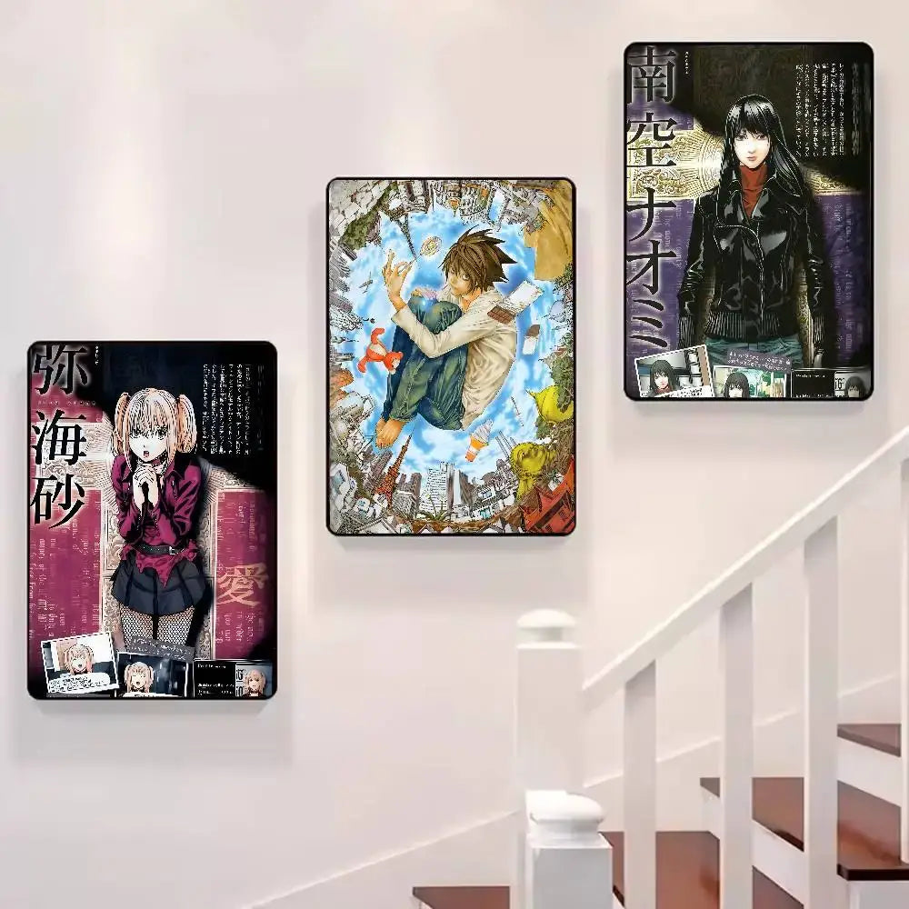Three rectangular death note l waterproof poster prints featuring manga characters displayed on white wall