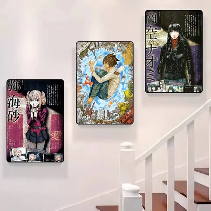 Three rectangular death note l waterproof poster prints featuring manga characters displayed on white wall