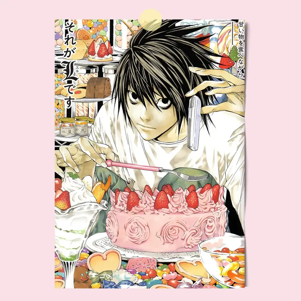 Death note light l and misa canvas wall art with pink strawberry cake and rose-patterned frosting print