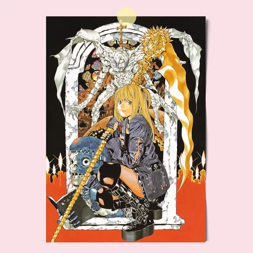 Anime canvas wall art featuring a blonde girl in a pinstriped jacket and black boots with fiery skeletons for death note