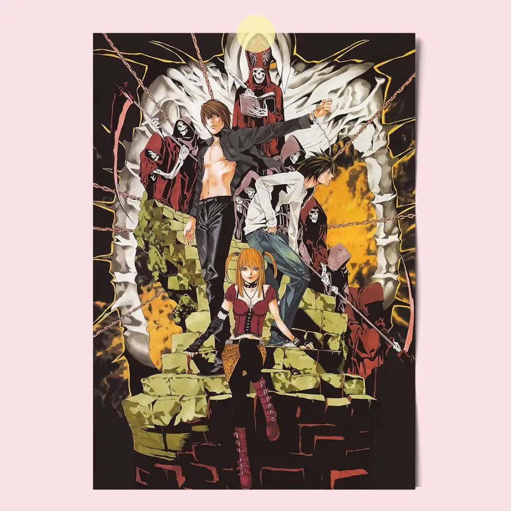 Death note light, L and Misa canvas wall art with bold black red and yellow anime artwork on dark background