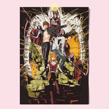 Death note light, L and Misa canvas wall art with bold black red and yellow anime artwork on dark background