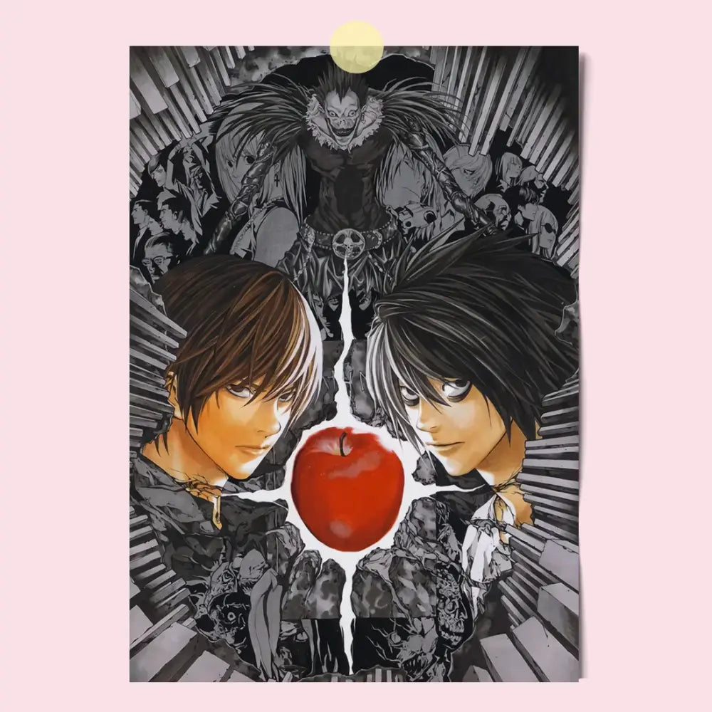 Death note light l and misa canvas wall art featuring black and white anime design with a vivid red apple centerpiece