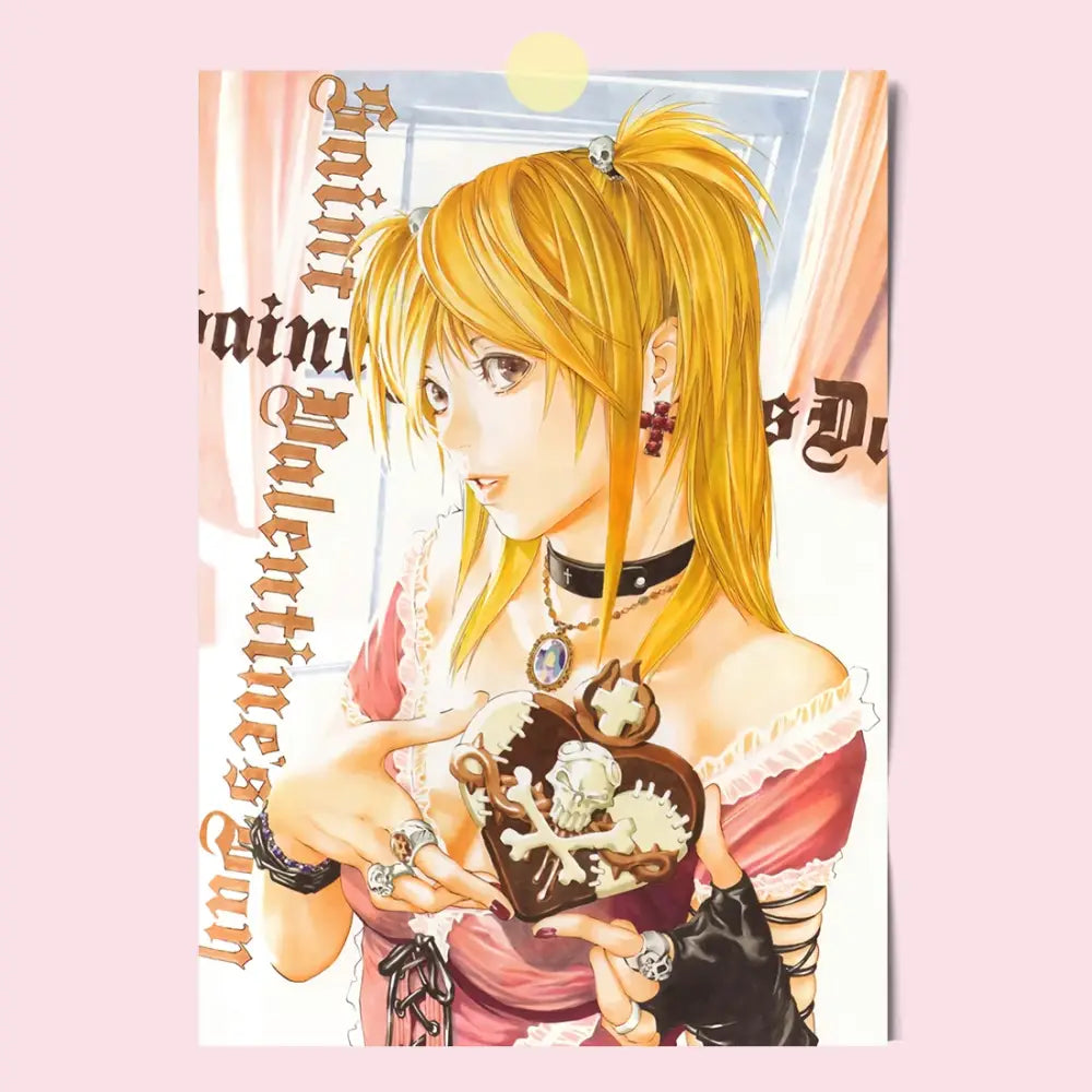 A glossy death note canvas wall art featuring a blonde anime girl holding a dark brown heart with skull motifs