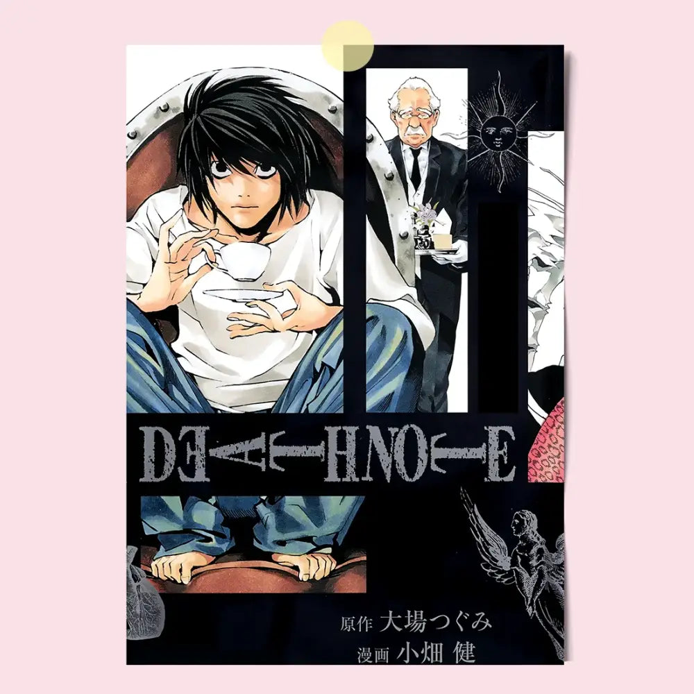 Black and white death note canvas wall art featuring light yagami in white shirt and blue pants holding a teacup