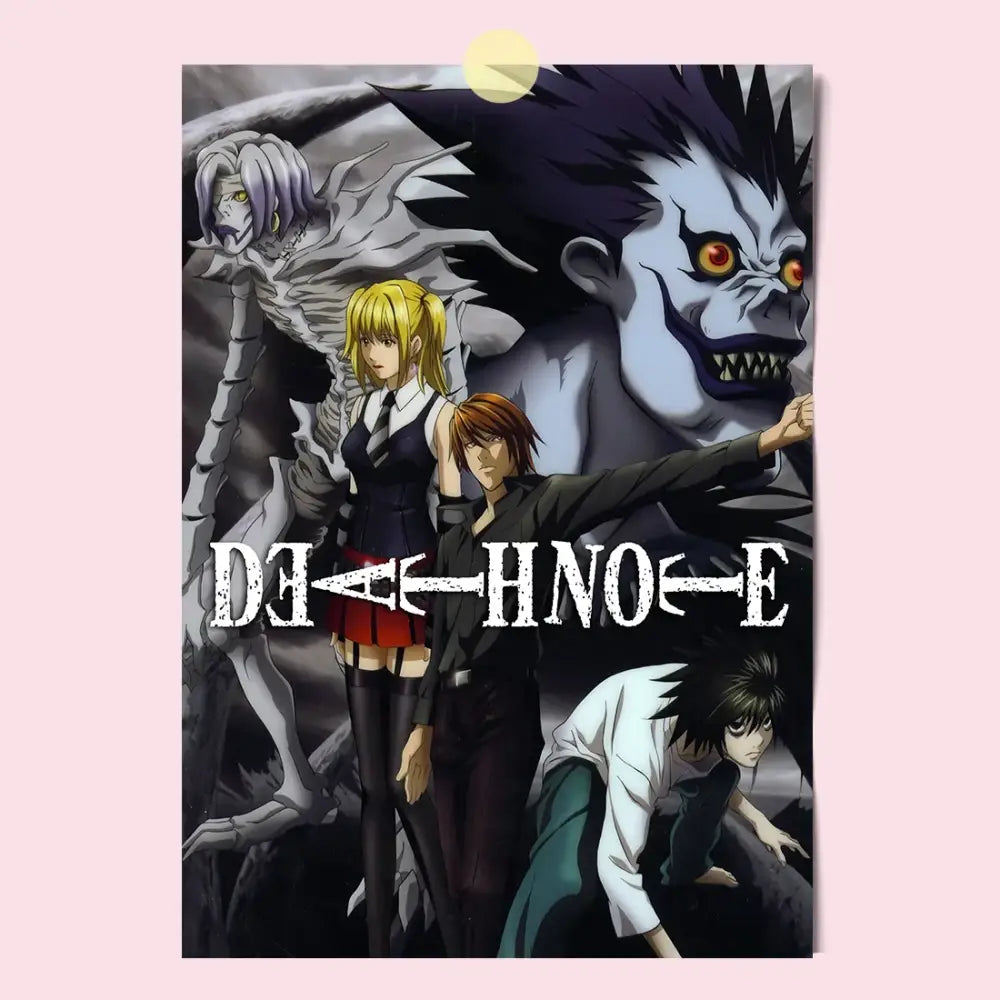 Death note light l and misa canvas wall art featuring dark characters with stylized white lettering in hd print