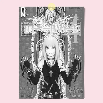 Black and white death note canvas wall art featuring death with blonde hair in black outfit adorned with chains and spikes