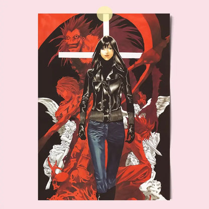 Death note canvas wall art featuring black glossy leather jacket with ribbed cuffs worn over dark blue jeans print