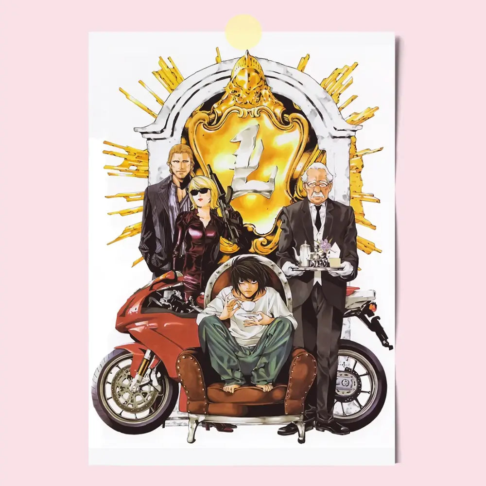 Anime-style vibrant red ducati motorcycle with chrome accents on death note light l misa canvas wall art print