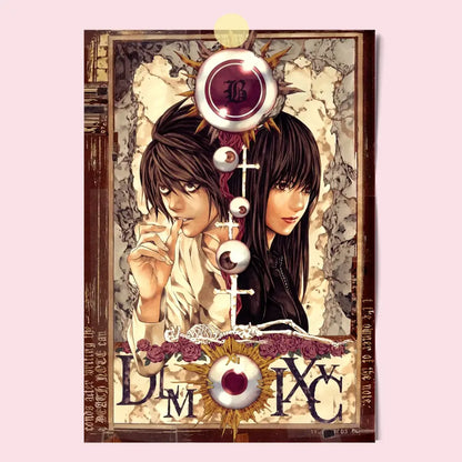 A death note canvas wall art featuring light l and misa with dark hair on a textured background of eyes and roses