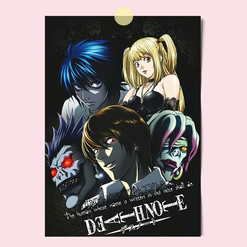Black death note canvas wall art featuring anime characters light l and misa with vibrant blue blonde and brown hair