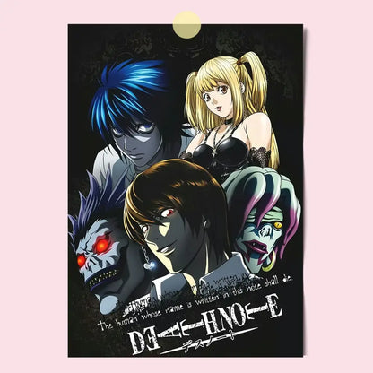 Black death note canvas wall art featuring anime characters light l and misa with vibrant blue blonde and brown hair