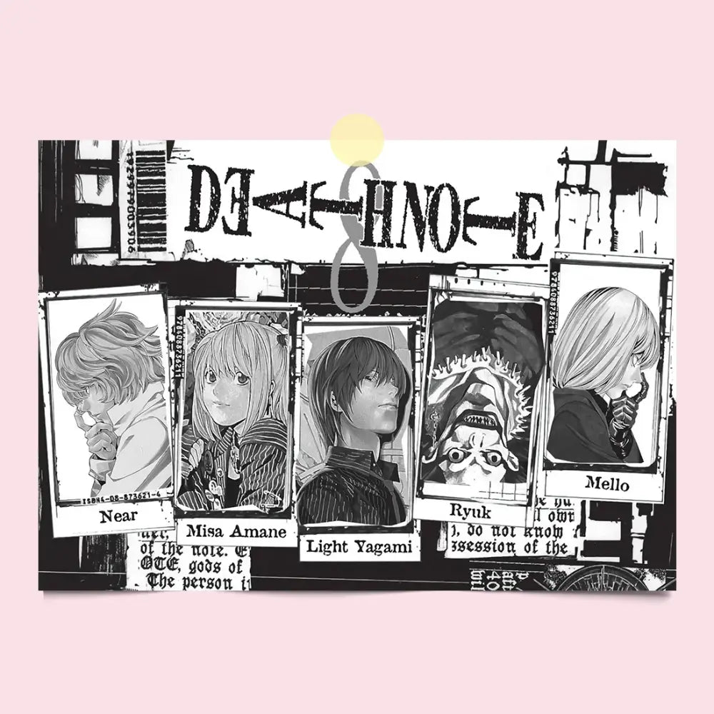 Black and white death note canvas wall art featuring light yagami near misa amane ryuk and mello in stylized portraits