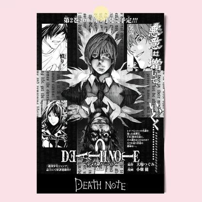 Black and white death note canvas wall art featuring light yagami with newspaper clippings and japanese text