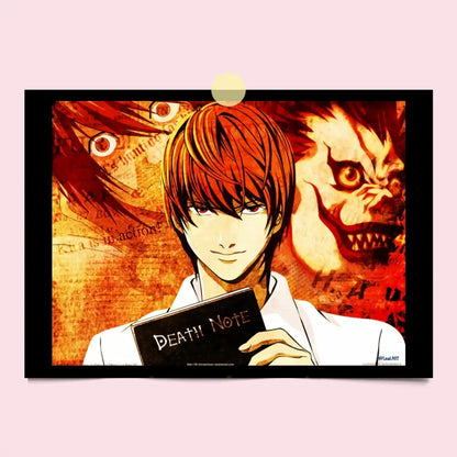 Black-framed death note canvas wall art featuring light yagami with red hair holding a black notebook on orange-red background