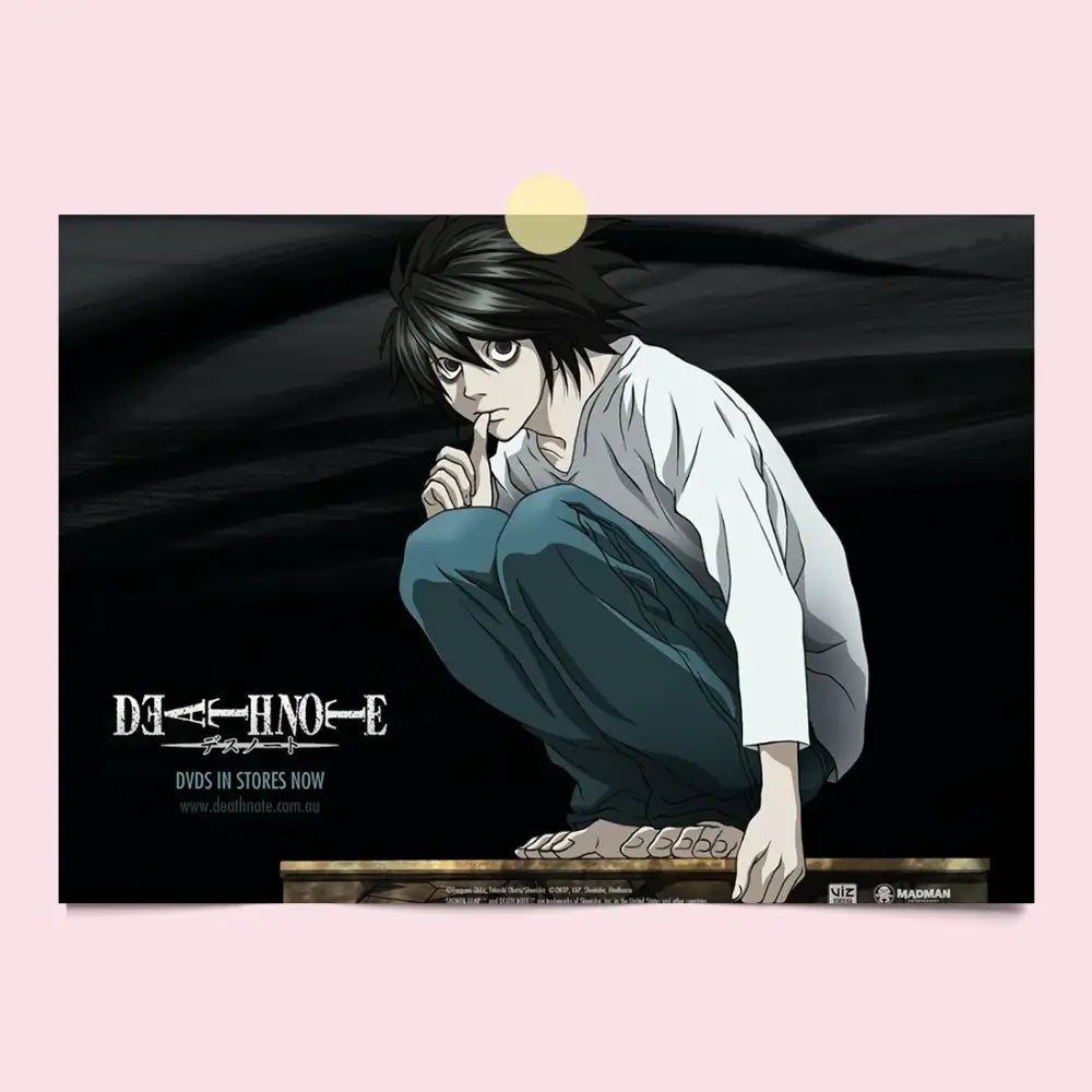 Black and white death note canvas wall art featuring light yagami crouching with finger to lips on dark background